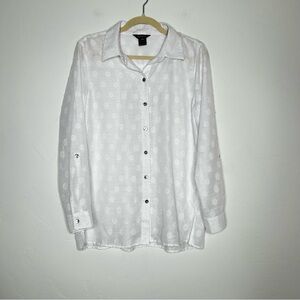 Multiples White Polka Dot Button Down Blouse Shirt Size Medium Closet Staple